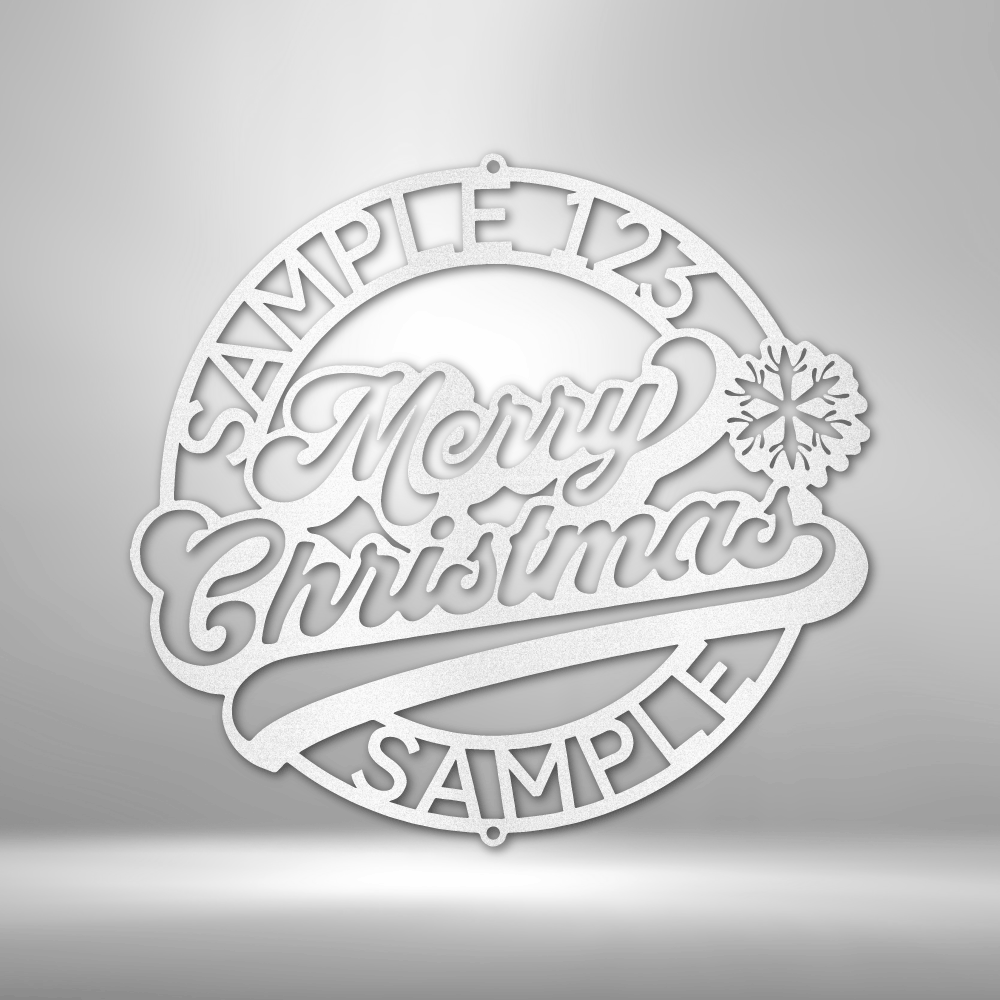 metal wall art sign of a christmas themed design with the merry christmas inside. You can personalize the outer ring with your own name, date or text. This picture shows this christmas wall art decor in the color white