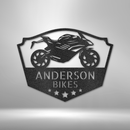 Metal wall art sign of a motorcycle to use as decor in a workshop, garage, bike shop or man cave. This picture show the design in the color black