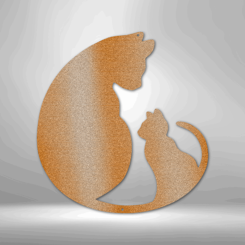 Metal wall art sign of a cat and her kitten in a loving pose, use this as a home decor piece. This picture shows the design in the color coppper
