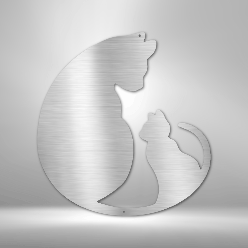 Metal wall art sign of a cat and her kitten in a loving pose, use this as a home decor piece. This picture shows the design in the color silver
