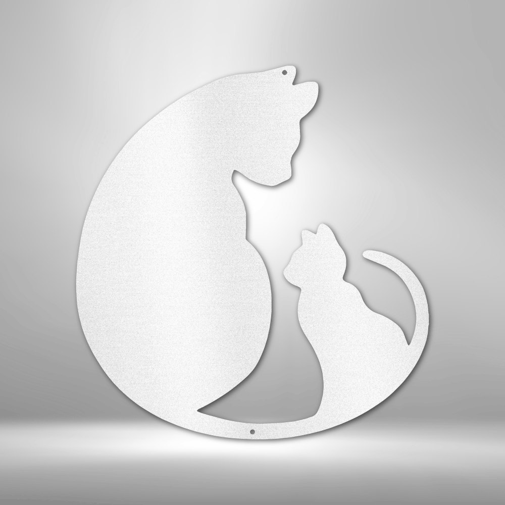 Metal wall art sign of a cat and her kitten in a loving pose, use this as a home decor piece. This picture shows the design in the color white