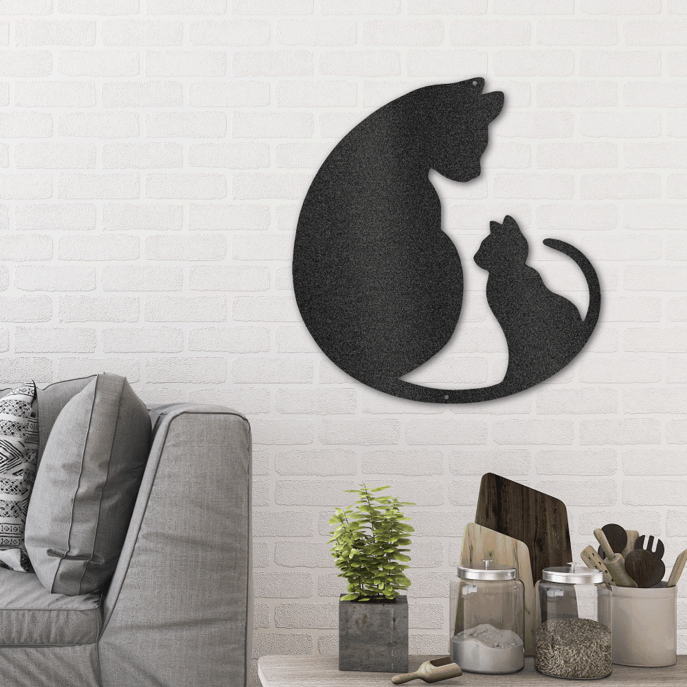 Metal wall art sign of a cat and her kitten in a loving pose, use this as a home decor piece. This picture shows the design in the color black
